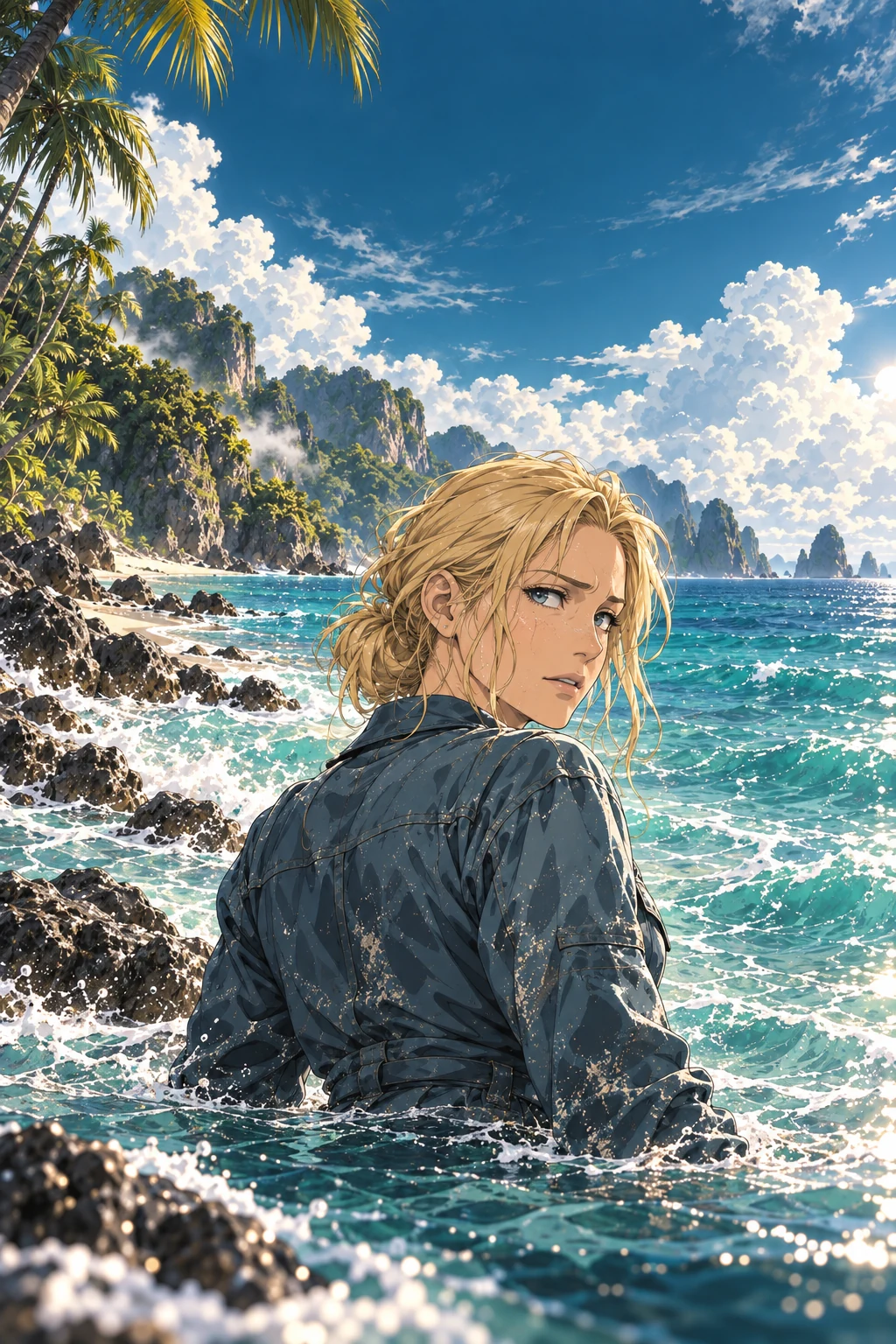 Vera looks back across a luminous turquoise sea beneath towering coastal cliffs.