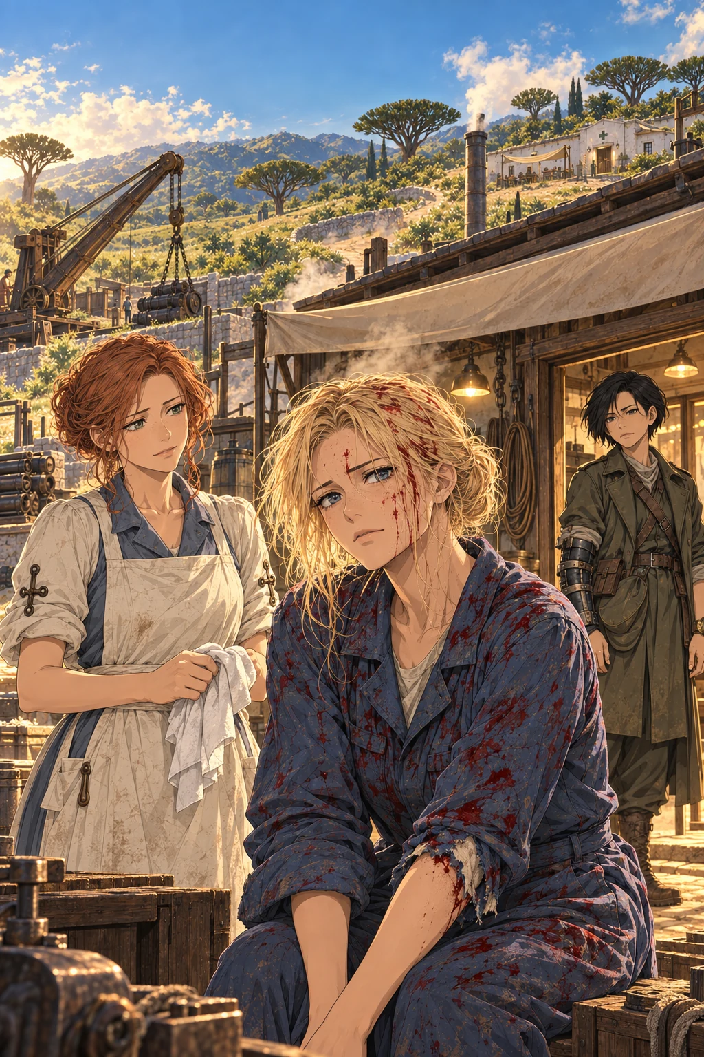 Vera sits with Iona and Mara in the warm light of the camp workshop.